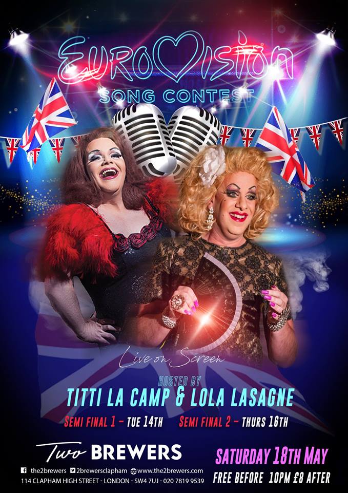 2BrewersClapham's tweet photo. Still not booked your table for Eurovision ? 🎉💃

Why not join @Tittilacamp &amp; @MissLolaLasagne for the live Semis and Final - we still have tables left for Tuesday, Thursday &amp; Saturday!

Shows start at 8pm

Email us to book: TwoBrewers.London@stonegatepubs.com https://t.co/AwgVitKSYi