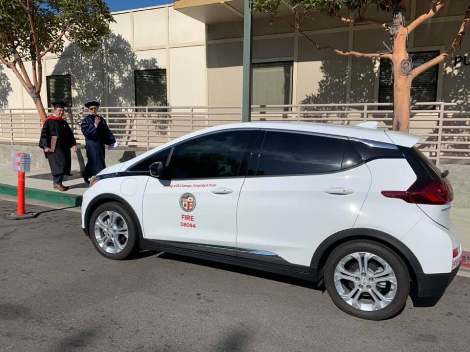 WRVoltec's tweet photo. Miche L. gets a picture of this #BoltAtWork at the Los Angeles Fire Department #ChevyBolt https://t.co/D5ZTcB7qTJ