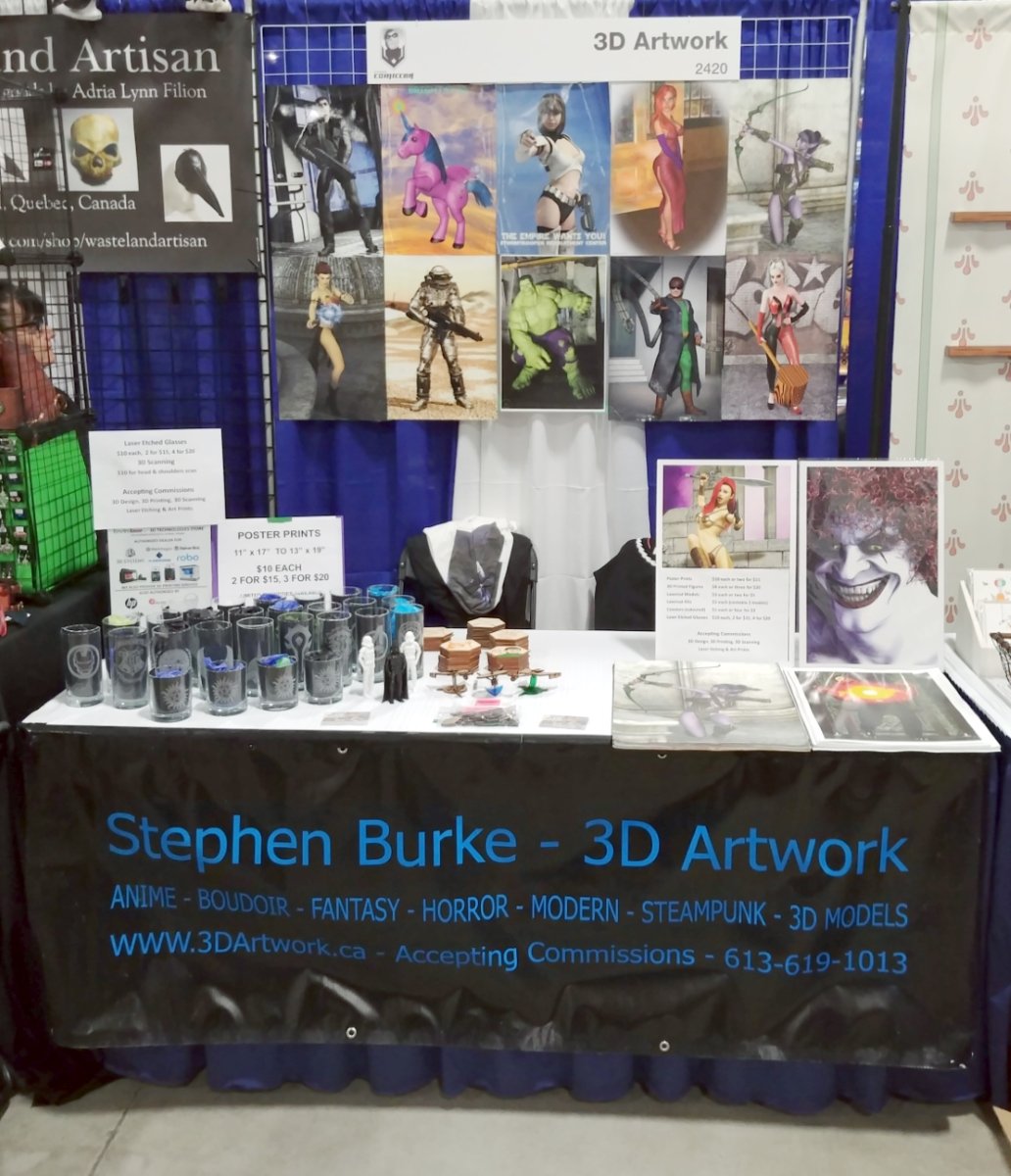 PrinterGuru's tweet photo. Here's the "before" pic of Booth #2420 at @OttawaCC ; the "after" pic will be posted at the end of the convention tonight.  #3DArtwork #StarTrek #StarWars #3Dprinting https://t.co/uBMZKZMWgo