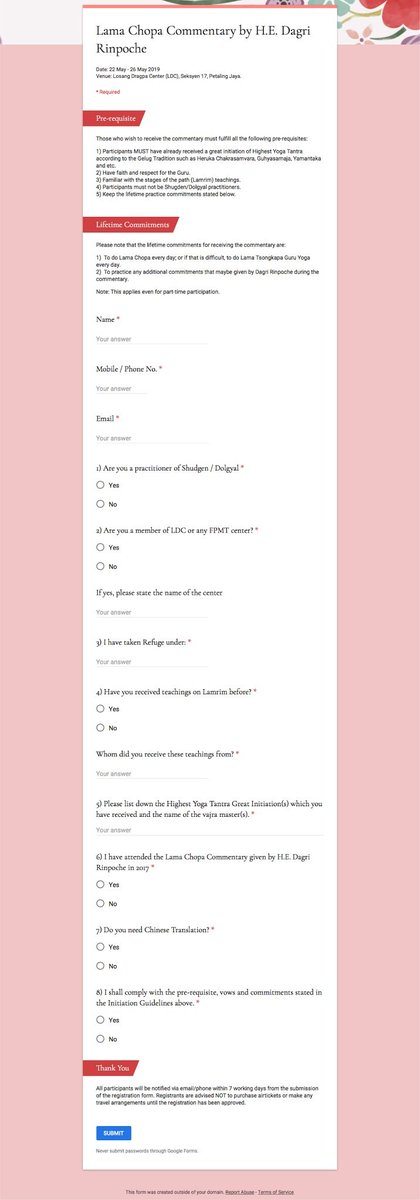 Michaelasmth's tweet image. FPMT’s registration form reflects intolerance
bit.ly/2E364CL
#rangzen #DalaiLama #Tibet #Tibetans #Tibetan #LamaZopa #LamaZopaRinpoche #GreatStupa #Peacepark #Buddhism #TibetCause #FreeTibet