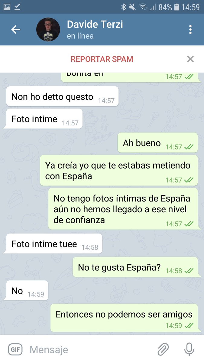 03MRG04's tweet photo. Prácticamente todos los días me hablan italianos por Telegram así que ya he decidido tomármelo a broma https://t.co/aM6rCdDvkc