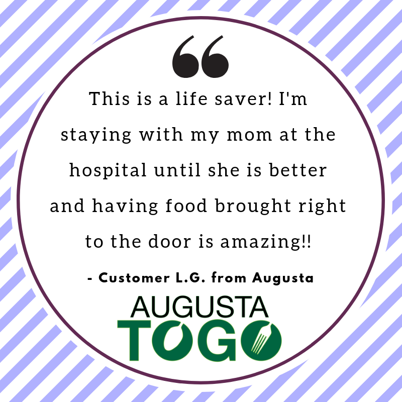 Thank you, L.G.! We are glad to be of service! When a meal at home is not an option, we are thankful to be able to bring mom her favorite local eats. #getbettersoon #hugs #bestcustomers #thankful #momsday2019 #supportlocal #localeatsdelivered #augustatogo