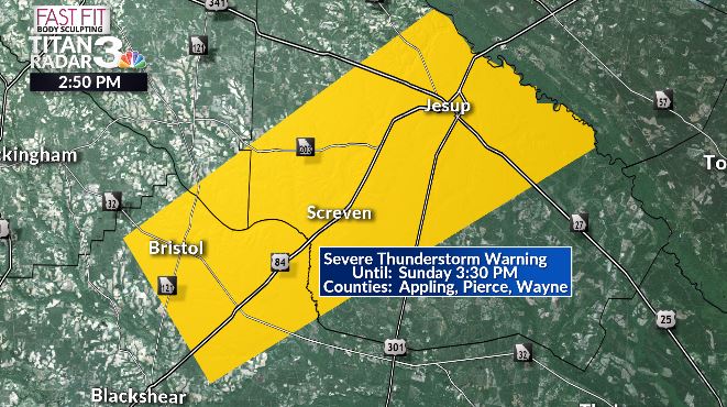 LeeHaywoodWX's tweet image. SEVERE THUNDERSTORM WARNING

For portions of #Pierce, #Wayne and #Appling counties until 3:30pm. A severe storm is over Bristol with additionial storms NE through Wayne county. 60 mph winds and penny sized hail possible along this line. 

@WSAVKrisA @KyleDennisWx @WSAVAlysaC