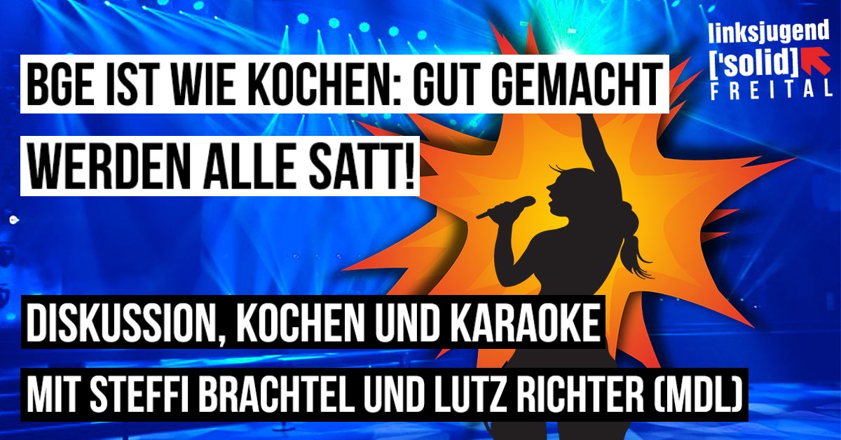 Bock auf #BGE, Kochen und Karaoke?
Am 25.05. kommt <a href="/LutzRichter/">Lutz Richter</a> zu uns nach #Freital und diskutiert beim gemütlichen gemeinsamen Kochen und Essen über das Bedingungslose Grundeinkommen zusammen mit <a href="/stbrtl/">Steffi</a> und euch!
Zwischen 17 und 22 Uhr am Bahnhofsvorplatz Freital-Deuben!