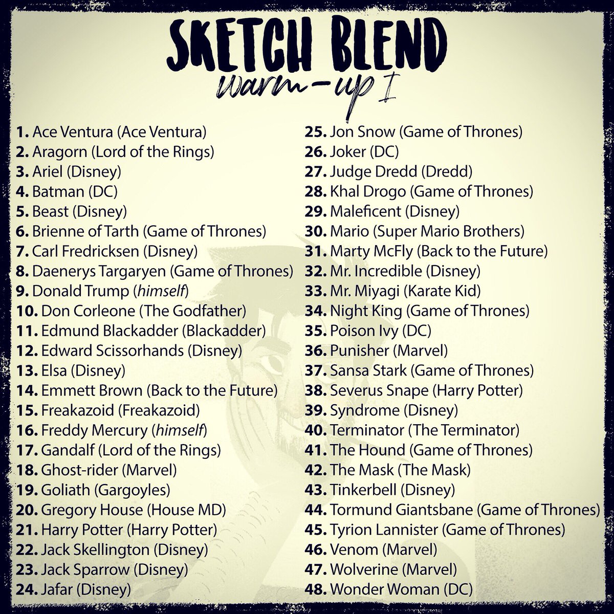 A sketch challenge for myself on instagram: as an excercise I will draw a fusion of 2 characters of the below list. The chosen ones will be picked by YOU - everyone can vote for 2 numbers (until Tue midnight GMT), the two with the most votes will win :) #sketch #got #challenge
