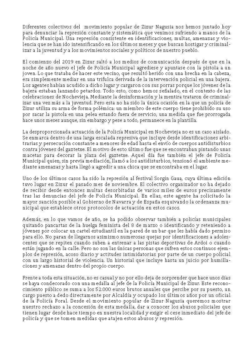 Más de 10 colectivos y organizaciones de Zizur Nagusia reunieron el pasado viernes a decenas de personas para denunciar la represión de la Policía Municipal en nuestro pueblo. Errepresioaren aurrean, herri elkartasuna eta autodefentsa!