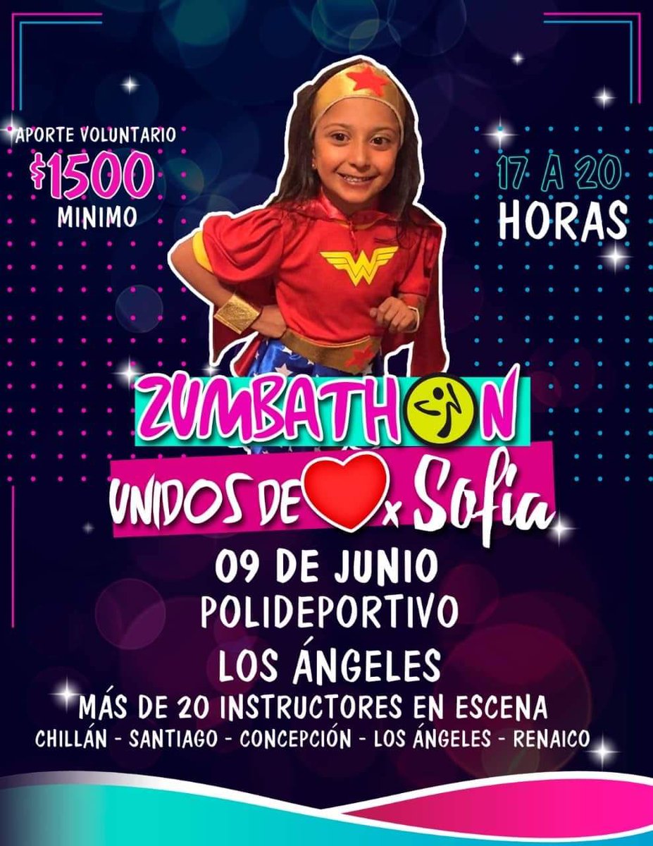 sofiatoledor's tweet photo. Los queremos invitar a participar en la ZUMBATHON a beneficio de Sofía, la cual se realizará el 09 de junio desde las 17 a 20 hrs en Los Ángeles.
¡Que esperas! súmate ➕
#unidosdecorazonporsofia #170millones #bostonchildrenshospital #💪🏻 #boston #sofiatoledorodriguez #sumate➕ https://t.co/qu4tbACXKo