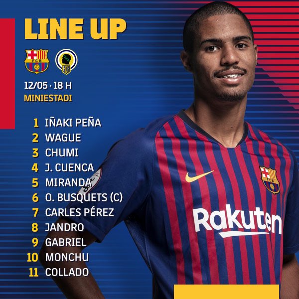 FCBarcelonaB's tweet photo. 📋🔵🔴 Line-up / Avui juguem amb / Hoy jugamos con: Iñaki Peña, Wague, Chumi, J. Cuenca, Miranda, O. Busquets (c), Carles Pérez, Jandro, Gabriel, Monchu i Collado #ForçaBarça https://t.co/kmN8q0aXrm