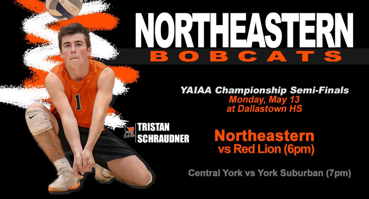 YAIAA Volleyball Semi-Finals
Mon May 13 6pm | <a href="/NESD/">Northeastern Bobcats</a> vs Red Lion | at Dallastown HS
 <a href="/Trip__Williams/">Kyle Williams</a> @ndotwilson <a href="/robbywolfgang16/">Robby</a> @rwolfgang3  @LemenRon <a href="/Eggrosss/">Evan Gross</a> <a href="/ToddFox43/">Todd Sadowski</a> <a href="/Racheltpa/">Rachel Thompson</a> <a href="/wilsont614/">Teresa Wilson</a> <a href="/gahawk24/">GFitzsimmons</a> <a href="/GMillerBobcatVB/">George Miller</a> @MzandrewsAndrew <a href="/caitlynprince__/">caitlyn</a> <a href="/martinnatalie22/">Natalie</a>