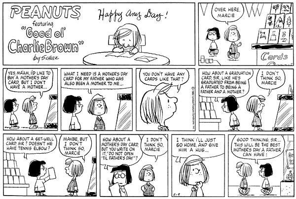 4) Mothers are absent in Peanuts in general. Charlie Brown talks of his father but rarely his mother. Peppermint Patty's mother died when she was a child and she's raised by her father. Here's a poignant strip of her on Mother's Day.