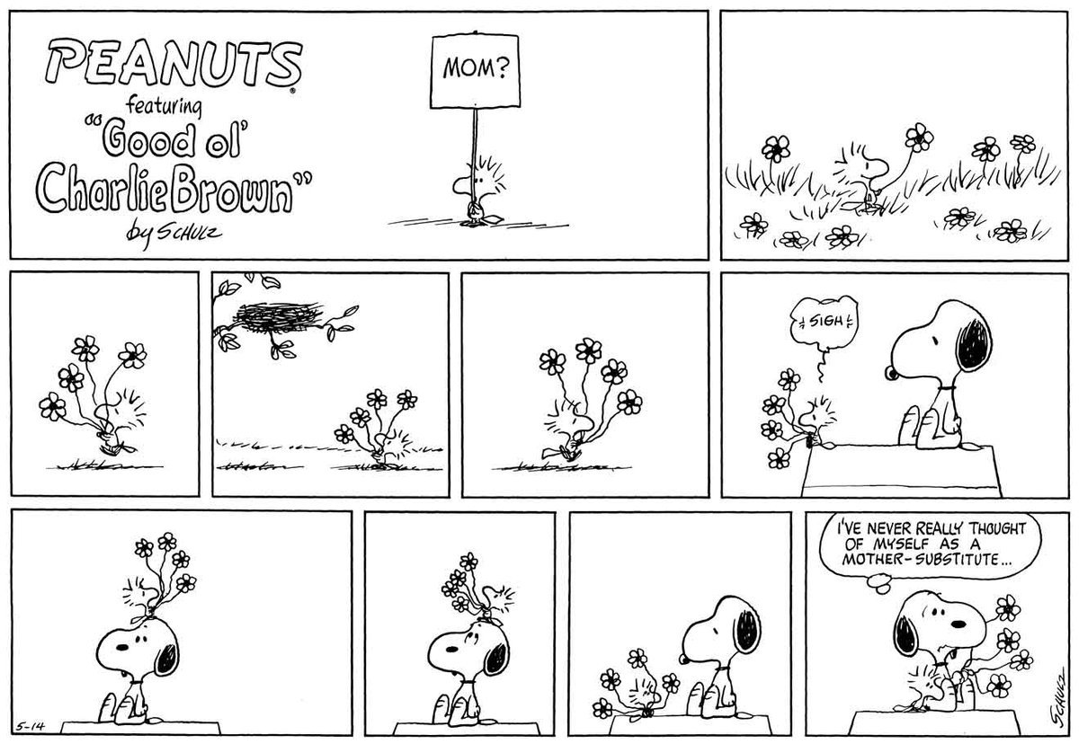 7) Of course, the Peanuts characters find family among themselves. Snoopy does seem like a parental figure for Woodstock, but as these strips make clear, he can't replace the absence of a mother.