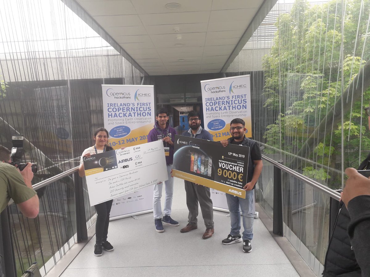 CopHackIE's tweet image. The winners of Irelands first Copernicus Hackathon!! With a great idea around a eutrophication product, this team of NUI Galway graduates are thrilled to win a wide range of business supports. @AZO_space @CopernicusEU @nuigalway #CopernicusHackathon @AirbusSpace @geo_university