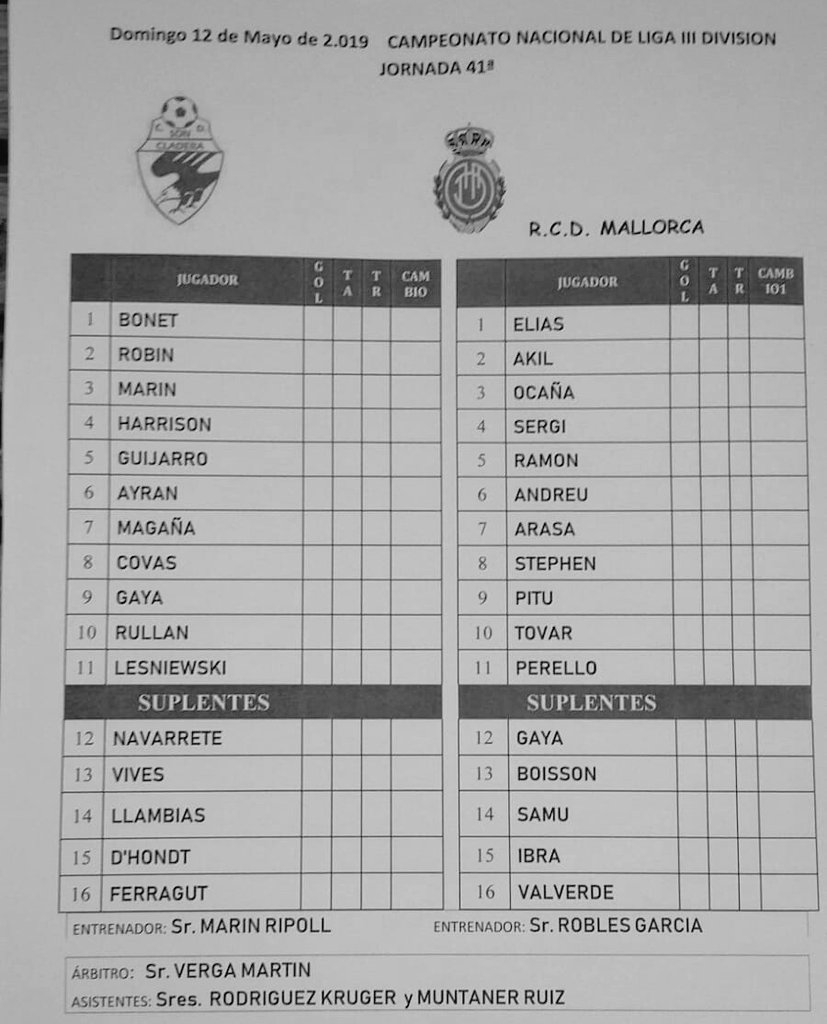 📣ALINEACIONS
<a href="/CD_SonCladera/">CD Son Cladera</a> 🆚 <a href="/RCD_Mallorca/">RCD Mallorca</a> B