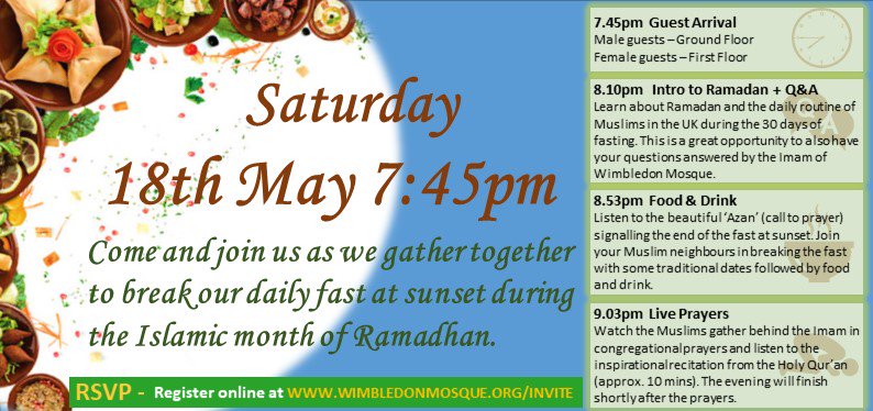 WimbledonMosque's tweet photo. 🎉Annual #Ramadan Community Event! 🎉

Please join your Muslim neighbours for a refreshing Ramadan Iftar meal. We look forward to welcoming members of all faiths and beliefs. 

Saturday 18th May from 7:45pm onward

Full details: https://t.co/YcdWaTFEME

#London #Wimbledon #Iftar https://t.co/yDwh51jR1S