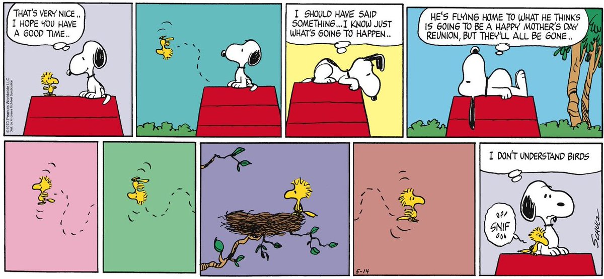 10) OK, I'll conclude here. I don't think you can separate the absence of mothers in Peanuts from how Schulz lost his own mother, a loss that came just as he was shipping out to war. Mothers are searched for in Peanuts, but never found.