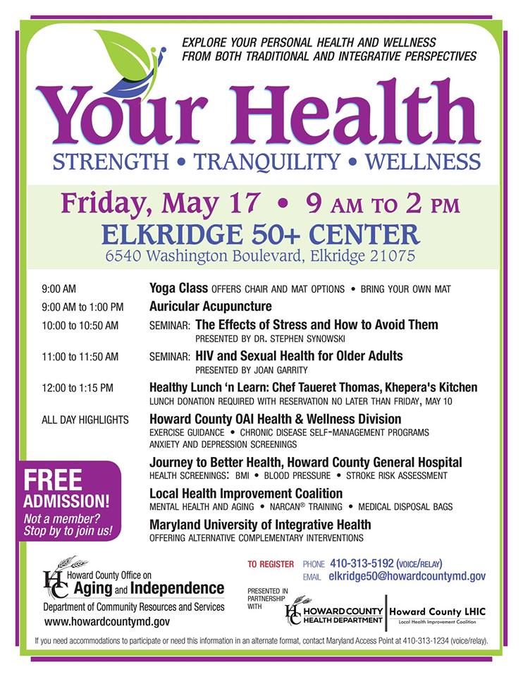HoCoHealth's tweet photo. Explore your personal health and wellness during this free seminar at the Elkridge 50+ Center on Friday, May 17. Highlights inclue yoga, acupuncture, health screenings and more. Call 410-313-5192 or email elkridge50@howardcountymd.gov to register https://t.co/21iRRqOgvg