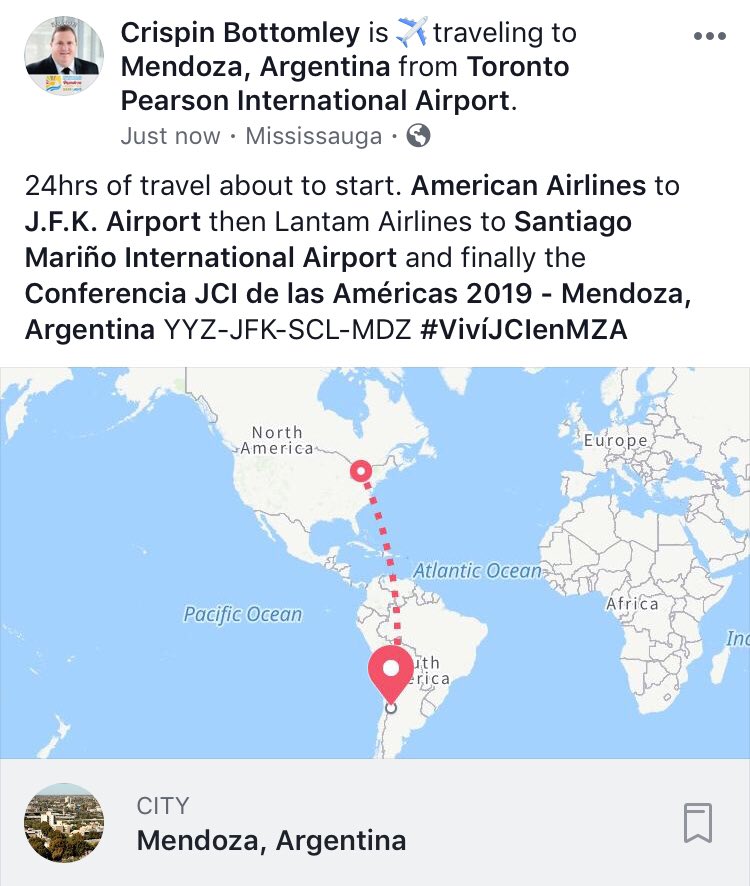notl419's tweet photo. On my way to @JCIARGENTINA to see my @JCIAmericas friends in @JCIMendoza at the Confrence of the Americas. @jcinews 3/4 area conferences held this year. #BestWorkOfLife #VivíJCIenMZA - @AmericanAir @LATAMAirlines #YYZ #JFK #SCL #MDZ https://t.co/dqo3NTSwuH