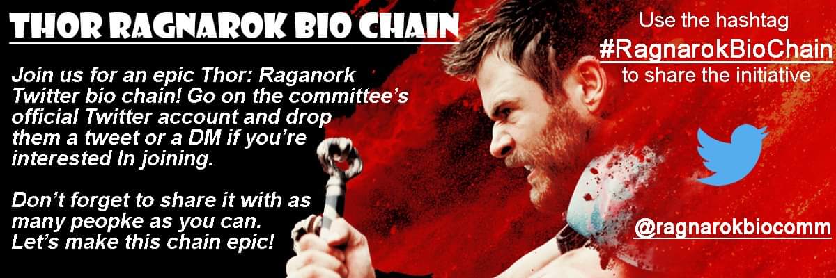 dreyahisasloth's tweet photo. Come and join us for our Ragnarok Bio Chain!
Drop @ragnarokbiocomm a tweet or a DM and share it with everyone you know!
#RagnarokBioChain #Thor #Loki #Korg #Miek #Hulk #AvengersEndgame #Avengers https://t.co/UHOd7mMP4B