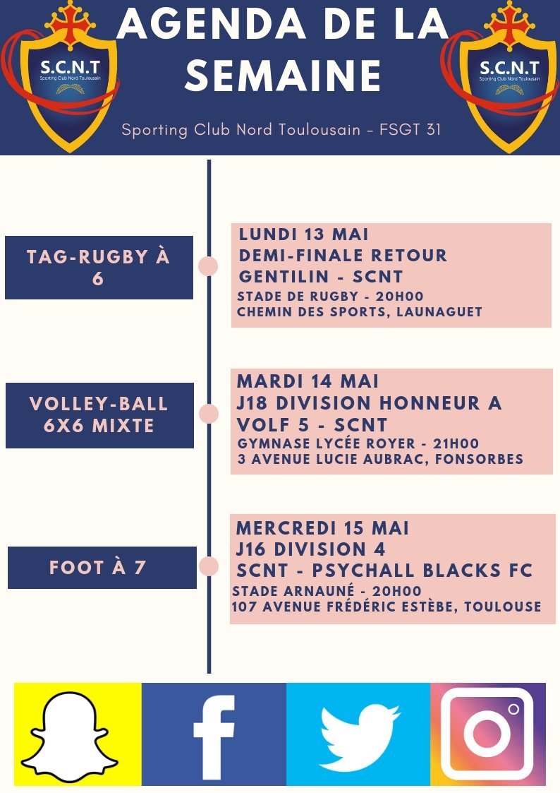 SCNT31's tweet photo. 🏆 L'agenda de la semaine prochaine #FSGT 🏆
🏉 Lundi 20H #tagrugby à #Launaguet vs #Gentilin (1/2 finale)
🏐 Mardi 21H #volleyball 6x6 #mxite Hon. A à #Fonsorbes vs #Volf 5 (J18)
⚽️ Mercredi 20H #footà7 Poule 4 à #Arnauné #Toulouse vs #PsychallBlacks (J16)
#scnt #sportloisir https://t.co/AZHa9RaqH3