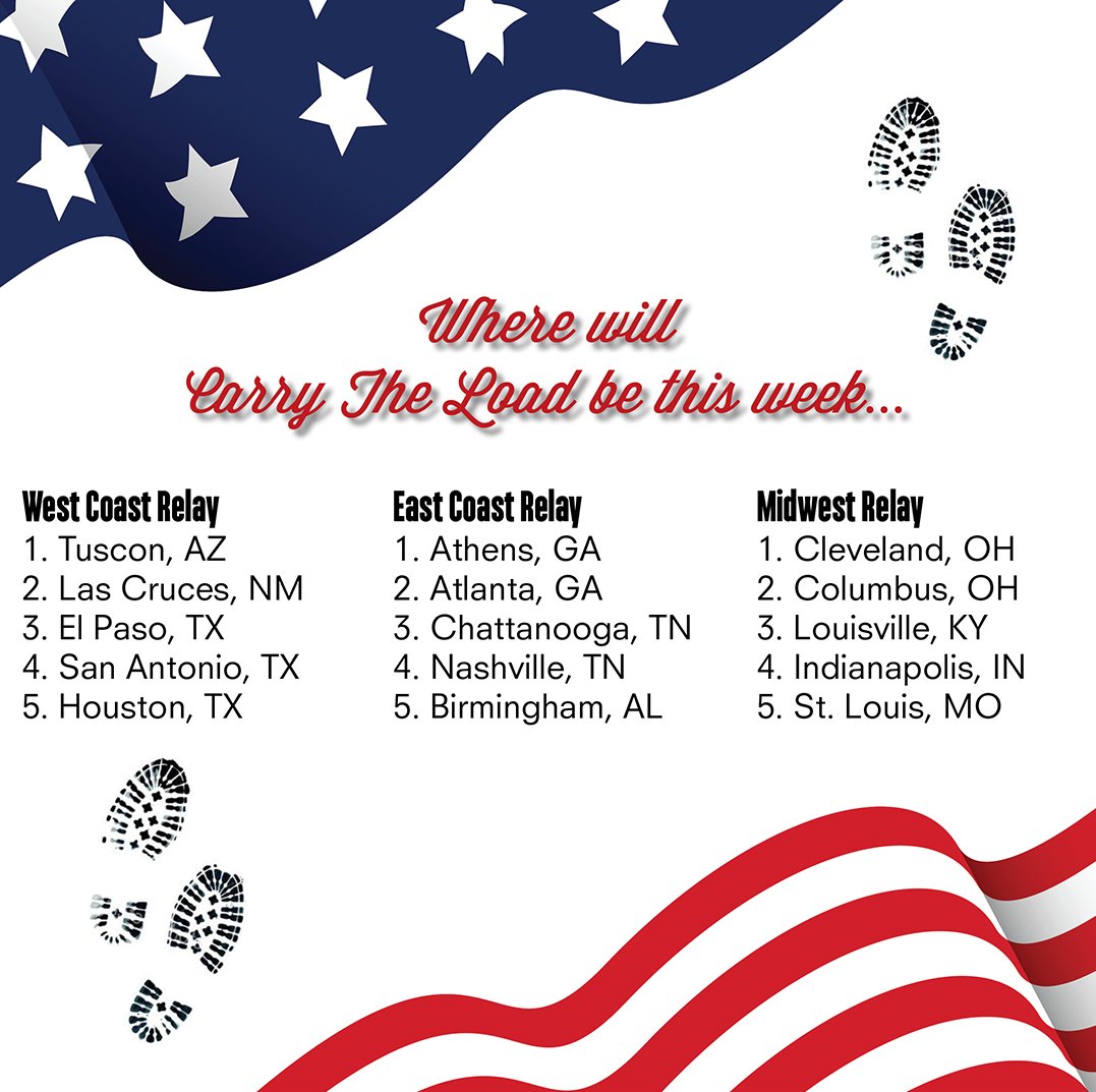CarryTheLoad's tweet image. Check out the cities our National Relay will pass through this week.  We're so excited the West Coast Relay team crosses into Texas!  For City Rally info and relay route details ow.ly/58nN50p1bMg ❤️ To support ow.ly/PaYK50p1bMh or text HONOR to 52000 to give $25.