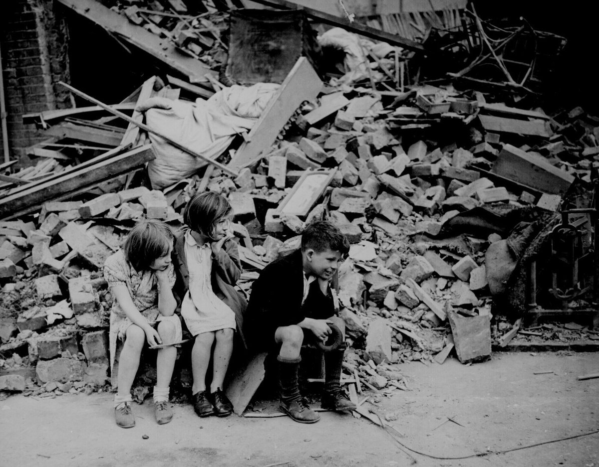 History_Express's tweet image. A Gallup poll in 1941 showed that the people of London were more depressed by the weather than by the Nazi's constant bombing.  Picture: Children in London made homeless from Nazi bombardment.