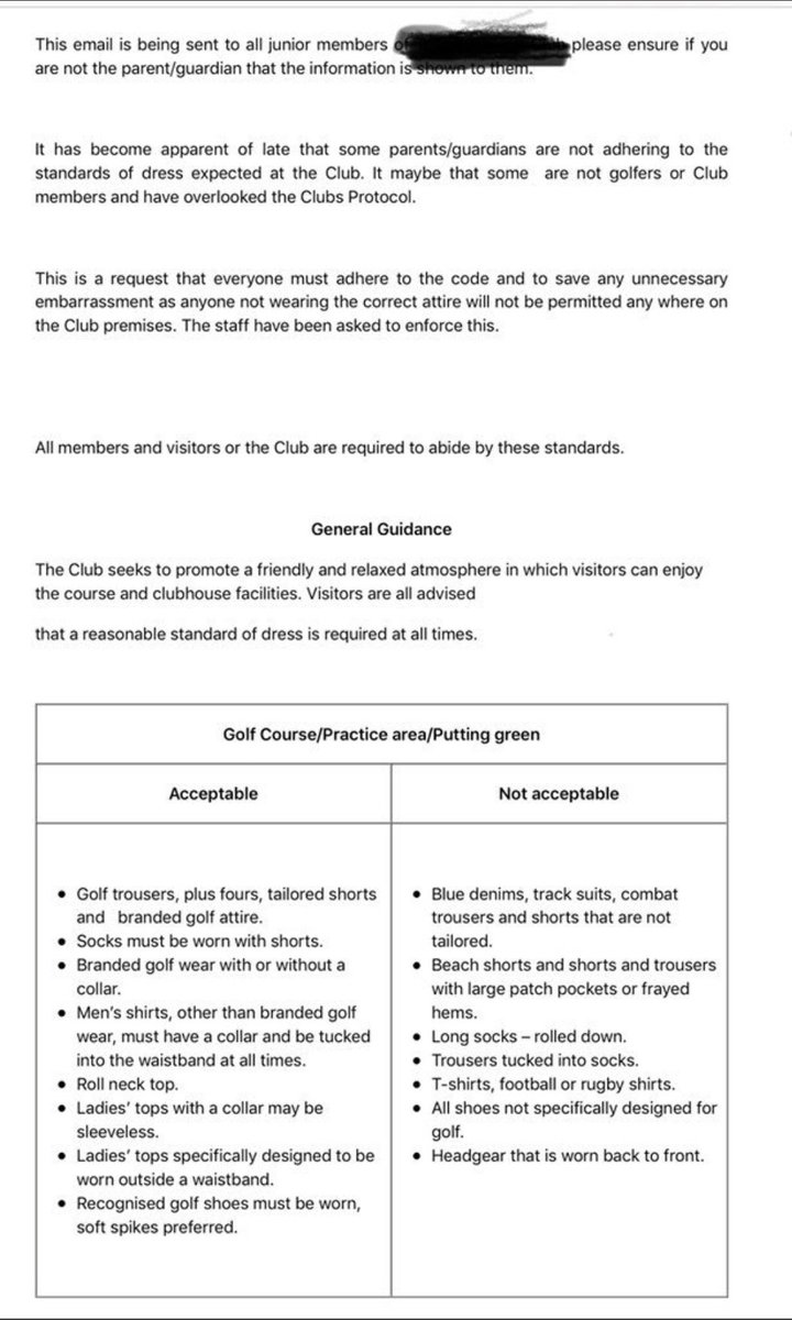 Just been DMd this.

An email from a golf club to parents watching their kids play. God forbid a parent wears some jeans to support their kid in the cold and rain!

Joke.