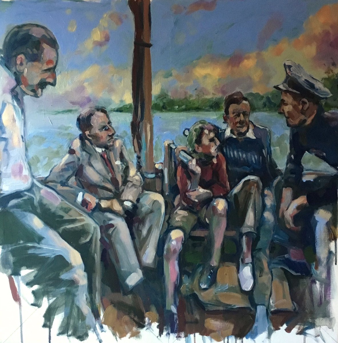 suffolkpainter's tweet image. More work today on this painting. Adding more colour into this little collective #peterpears #benjaminbritten #emforster #billyburrell on a boat on the river Alde