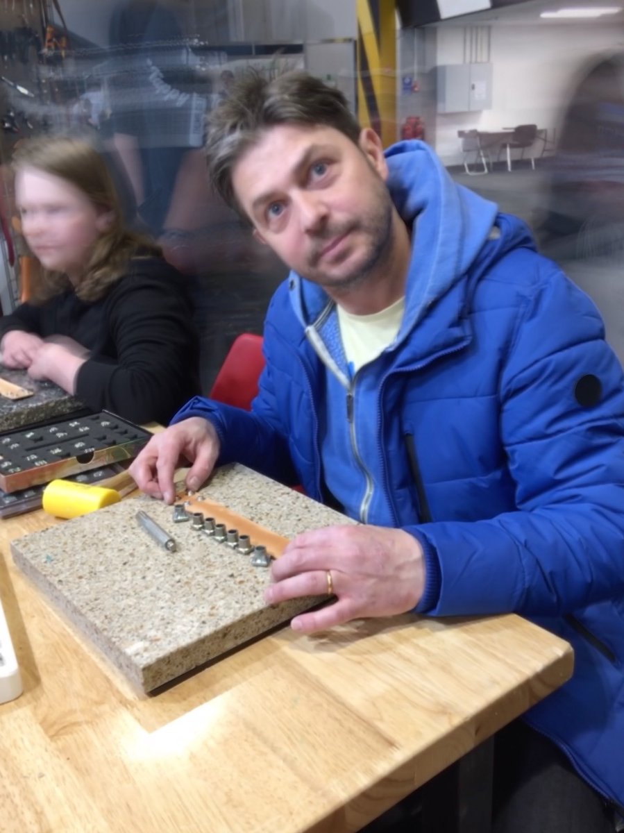 kerry_truman's tweet image. something I missed out on last year; other than getting a rare photo of my concentration face.. 😆 dropping in on the #TandyLeather stand and being able to have a go at a spot of leather working..!? an excellent activity for a spot of #NTUmakerclub action I reckon.. #funtolearn