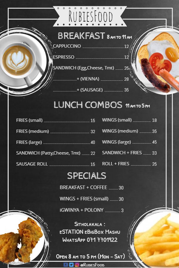 RubiesFood's tweet photo. Our #Menu at #RubiesFood #TheBigBoxCo #FoodCafe #KwaMashu #Inanda #Ntuzuma #eThekwini #Durban #Food #Breakfast #Coffee #Wings #Fries #Foodie https://t.co/3wRN6ZX5Pj