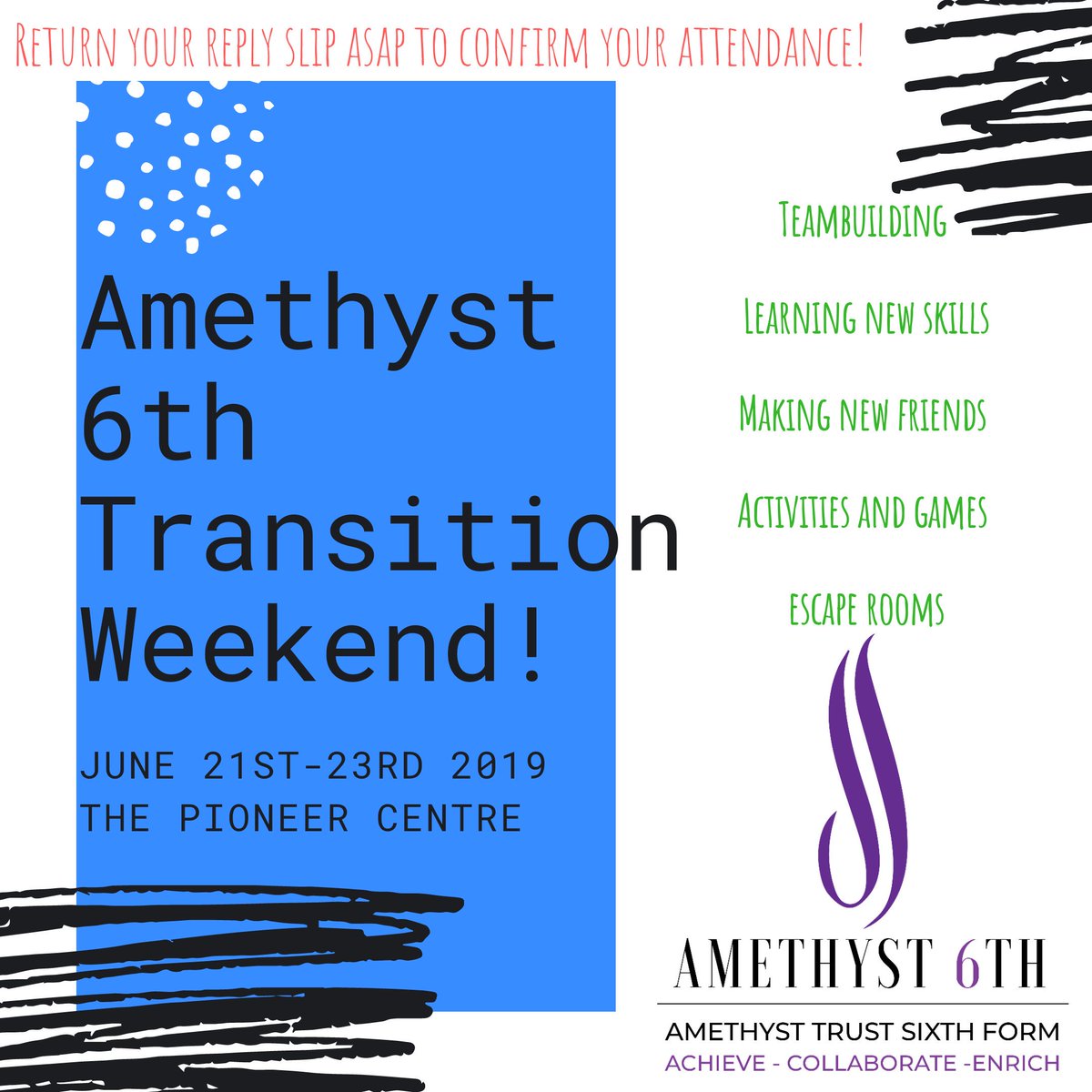 amethystSix's tweet photo. @MoretonSchool @AldersleyHighSc To our soon to be new year 12s - confirm your place on our brand new Amethyst 6th transition weekend from 21st June-23rd June. A weekend designed to get you working together in a fun environment! Return your slip asap to confirm attendance. https://t.co/PhZgCKmouQ