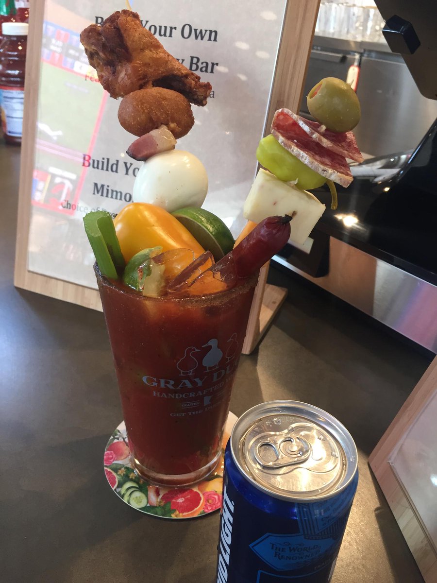 TFEATS's tweet photo. Our Bloody Mary bar is a huge hit! For $25 you get to create your own #BloodyMary and get to keep the 16oz glass from @grayduckvodka! So fun and tasty! Visit us in Bat and Barrel. #BatAndBarrel #TargetField #MNTwins #DelawareNorth https://t.co/h5Fohwfy2k