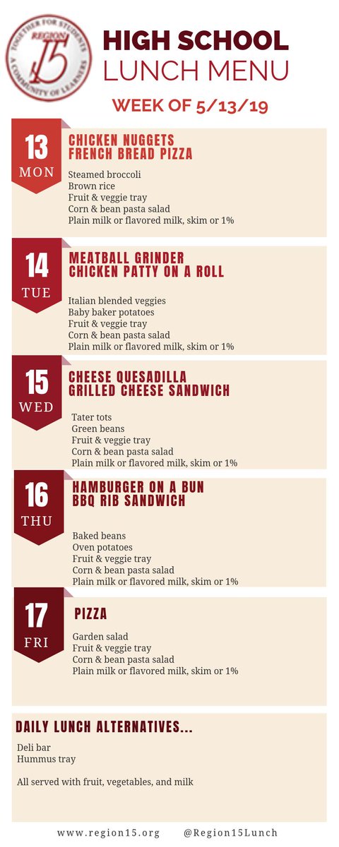 Here is the school lunch menu for PHS for the upcoming week.  
<a href="/Region15Schools/">Region 15 Schools</a> @PJones2001#pomplife