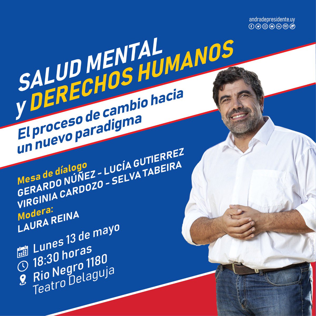encuentro1808's tweet photo. #Andrade2019 
#AndradePresidente
#SaludMental y #DDHH
El proceso de cambio hacia un nuevo paradigma.
🗓️Lunes 13 de mayo
⏲️18.30hs.
📍Teatro Delaguja
⏩Río Negro 1180
🔴🔵⚪#4FA
#LaAlegríaSeráNuestra https://t.co/UhSNr7Lvt4