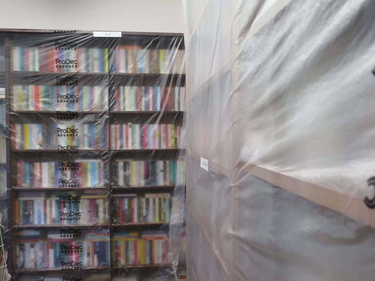 SReadBooks's tweet photo. Do these bookshelves look haunted? Look at those @ProDecProducts! Other brands of dust sheet are available. Just a reminder we're closed Monday-Thursday for spring sprucing and fettling. #sprucing #fettling #decorfettling https://t.co/90H2nKBaWU