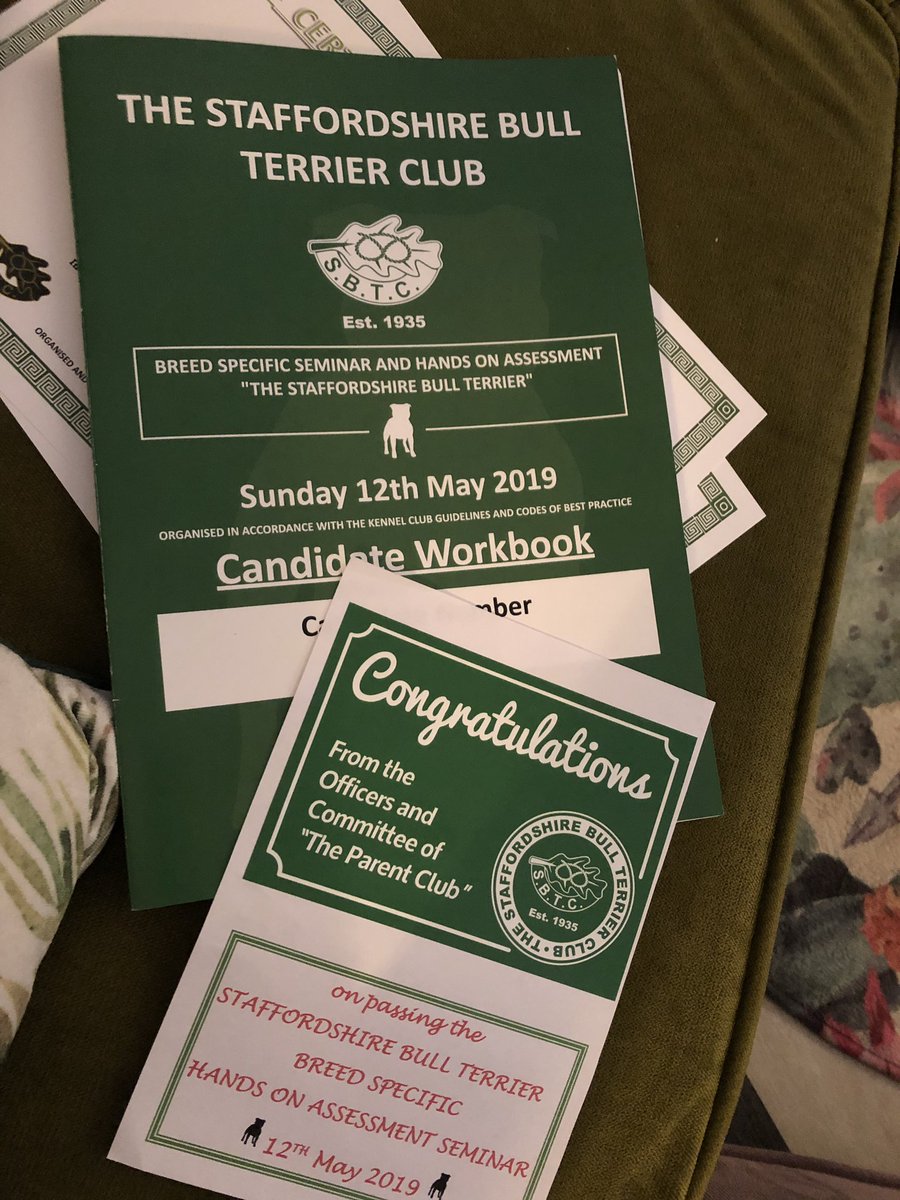 JadapeP's tweet photo. Passed all parts and my Hands on assessment of Staffordshire Bull Terriers today. Probably the hardest seminar I’ve attended. Could talk about today’s dogs till the ducks come home. Complicated!!!! But very Happy with myself 😁👍🏼 😅🙃🤓 #doggeek https://t.co/HkEwbJVsyH