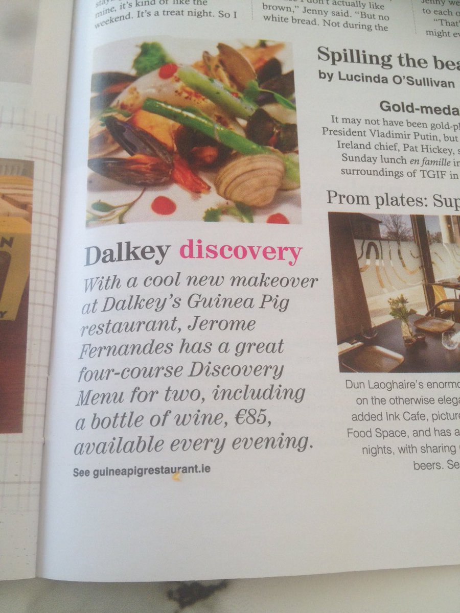 GuineaPigRest's tweet photo. Many thx @LucindasIreland 🙏🏻@TheSundayIndo for mentioning our #DiscoveryMenu (4-course for 2 &amp; Btl wine:€85 #DalkeyDiscovery #GuineaPigRest https://t.co/jVBmxeptKh