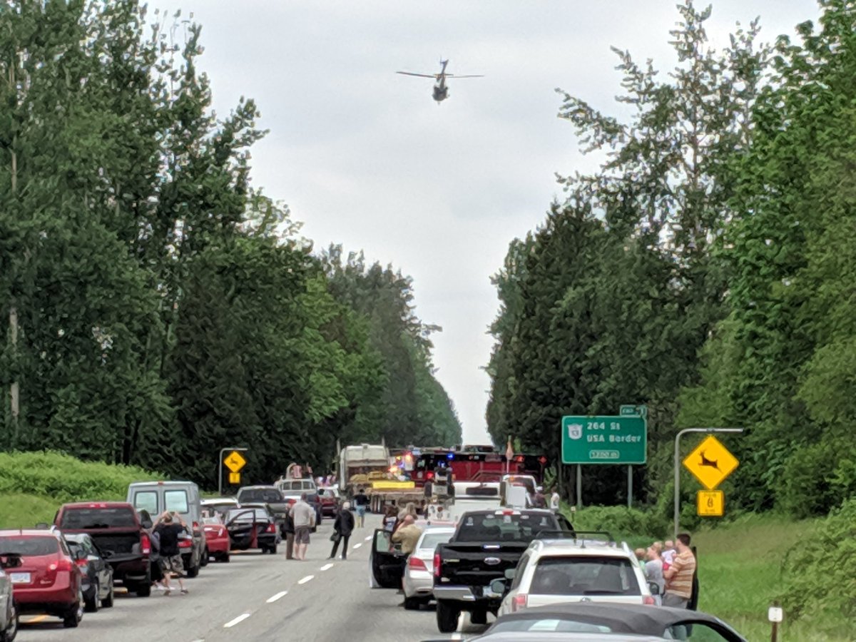 MattTarris's tweet photo. @NEWS1130Traffic Multiple (8+) Emergency vehicles and 2 air ambulance on scene.  1 air ambulance on it's way.  Road is completely blocked. https://t.co/Kv35oq2U9O