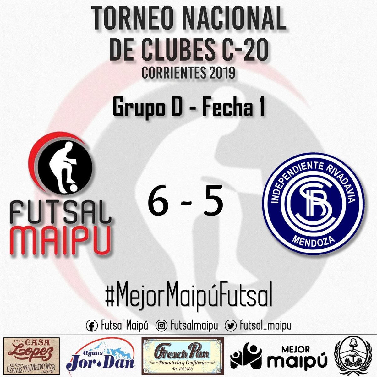 futsal_maipu's tweet photo. ¡Debut con triunfo en el Nacional C20! 👏
Los chicos de Maipú le ganaron a Independiente Rivadavia en la primera fecha del Torneo Nacional de Clubes C20, en Corrientes.
Agustín Pongetti (5) y Enzo Alemanno fueron los autores de los goles 💪
#MejorMaipúFutsal #MaipúMunicipio https://t.co/V9XNy0huxz