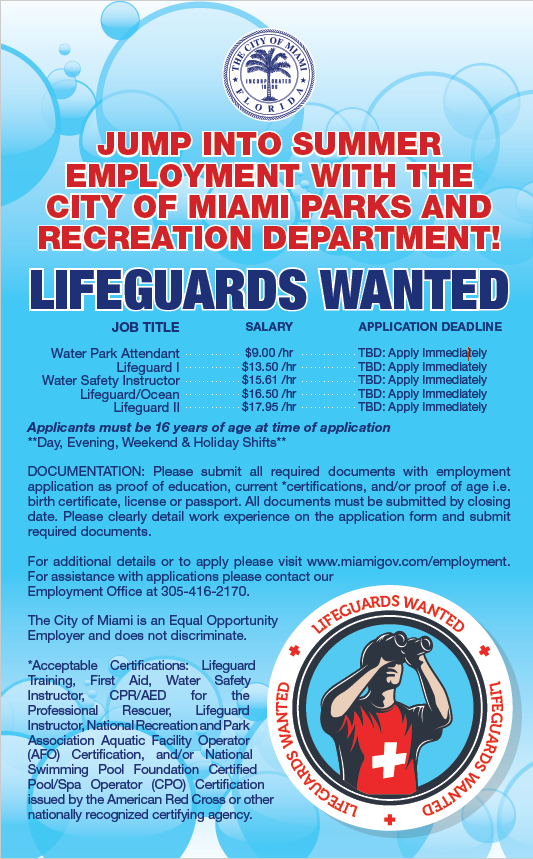 miamiparks's tweet photo. Want to earn a little #cash this summer? All Certified Lifeguards are welcome to apply at: https://t.co/dFjLx2Hbp0 #Summer #Hiring #SplashMiami https://t.co/rjYSHhRGlU