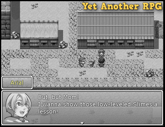 A screenshot of Yet Another RPG. Arial is a child in a flashback, talking to his mother. The text reads: "But, but mom! I wanna show those low-leveled Slimes a lesson!"
