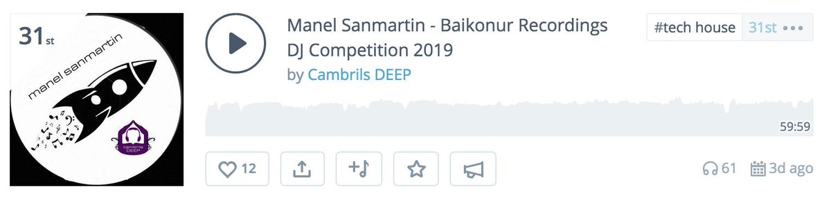 CambrilsDEEP's tweet photo. Today I've reached 31st place on #mixcloud #techchouse weekly #chart with my @BaikonurRec #djcontest #mixset @udggearcom @MixedInKey @DJTechTools
Feel free to listen & enjoy it at https://t.co/DSY9GNMSGm #baikonurdjcontest2019 https://t.co/FM705HiZdS