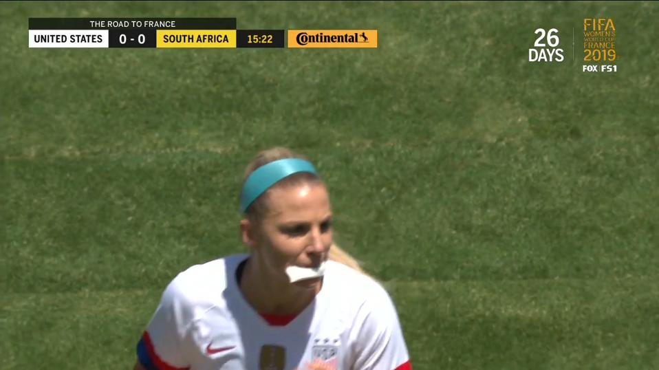 StarsStripesFC's tweet photo. Julie Ertz is currently playing with a giant wad of gauze in her mouth to keep from bleeding all over her uniform due to a mouth injury so...there's that #USAvRSA https://t.co/sEyLbIlX0r