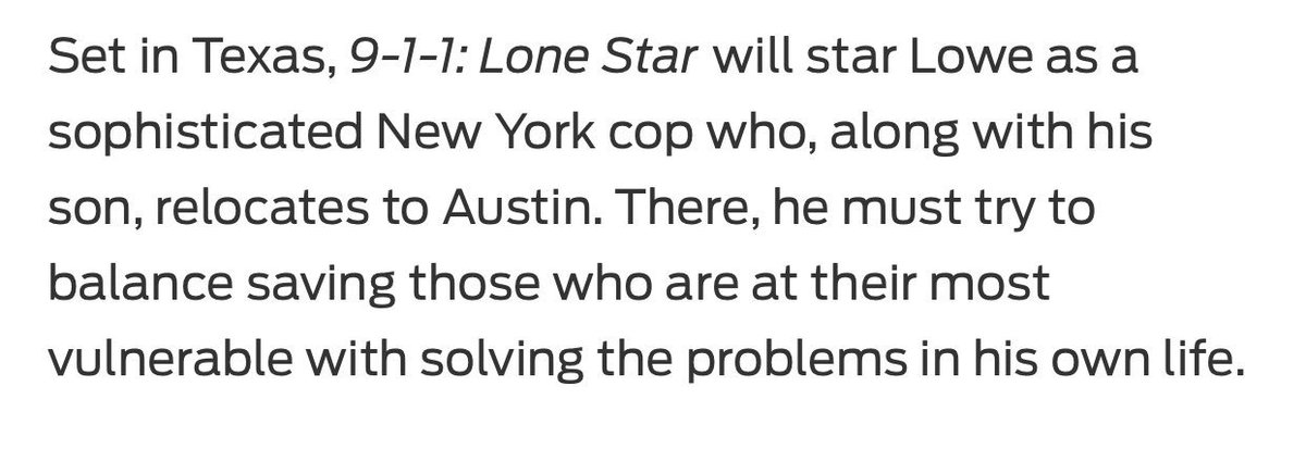 911NewsUpdates's tweet photo. ‘9-1-1: Lone Star’ will follow Lowe’s character, a former New York cop, who relocates to Austin, Texas. The series will reportedly premiere in January of 2020. #911onFOX #911LoneStar https://t.co/BvVTMEQLeQ
