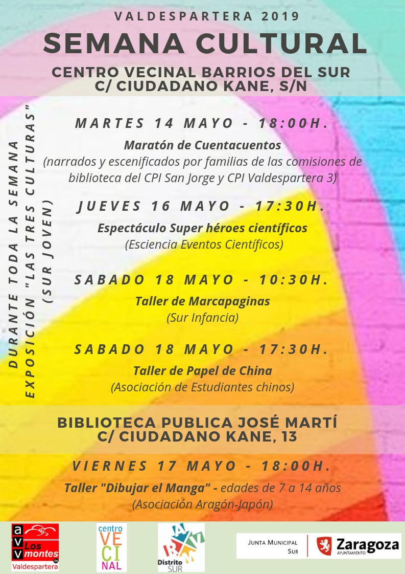 centvecinalsur's tweet photo. Programación de la Semana cultural de #Valdespartera, con Cuentacuentos, el espectáculo Súper Héroes Científicos realizado por @ESCIENCIA, talleres... En la biblioteca y en el Centro Vecinal. 
(Todo gratuito). #DistritoSur @zaragoza_es @ValdesparteraAV @PlatDistritoSur #Zaragoza https://t.co/yMGzxRiHpY