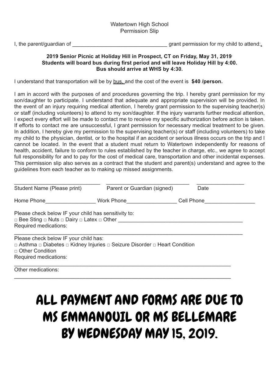 Senior Picnic permission forms are due to Ms Emmanouil or Ms Belle by WEDNESDAY MAY 15. Forms were distributed in SSP, but if you need extras they are outside rooms 122 &amp; 206, on the school homepage, in the library, and linked here.