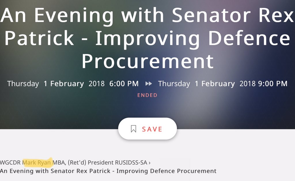 Mark Ryan and Rex Patrick - Improving Defence Procurement  https://www.evensi.com/evening-senator-rex-patrick-improving-defence-procurement-naval-military-air-club/244080479