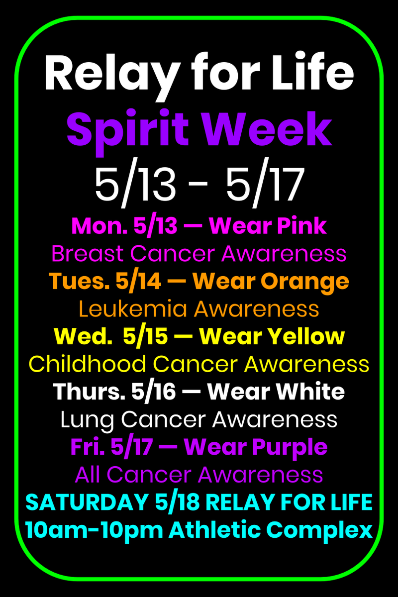 Hey <a href="/WHRHighSchool/">Warren Hills HS</a>! Tomorrow starts #RelayforLife Spirit Week -- wear pink for Breast Cancer Awareness! See the attached picture for what color to wear each day this week. Relay for Life is all day Saturday 5/18!