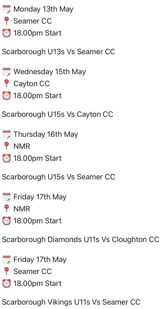 Busy week ahead for our Junior Section, is the U13s and U15s kick starting their league campaigns, and the Vikings looking to build on their success couple of weeks ago...

#Scarborough #ScarboroughCricketClub #JuniorCricket #JuniorSection #ScarbCCJuniors #WeekFixtures
