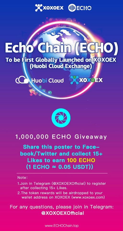 ECHO TOKEN AIRDROP!

We are giving away 1,000,000 #ECHO in this exclusive airdrop (Deadline: 18:00 May 20).

Follow 5 easy steps to qualify

1. Like
2. Share
3. Follow us
4. Tag 2 friends in this post
5. Join in our Telegram (@XOXOEXOfficial)

#airdrop #crypto #Giveaway