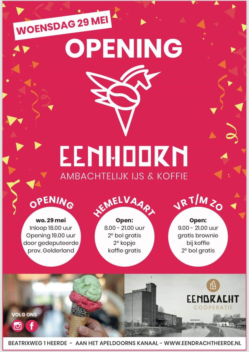 Op 29 mei om 18 uur opent ijssalon 'de Eenhoorn' haar deuren in voormalig coöperatiegebouw de Eendracht te Hoorn @gem_heerde. Ondertussen wordt de haalbaarheid van het definitieve herbestemmingsplan onderzocht. Ben je er bij de 29e? #steengoedbenutten #steengoedchallenge